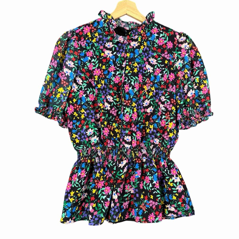 Womens Boho Blouse Black Floral Smocked Waist Peplum Top Puff Sleeve